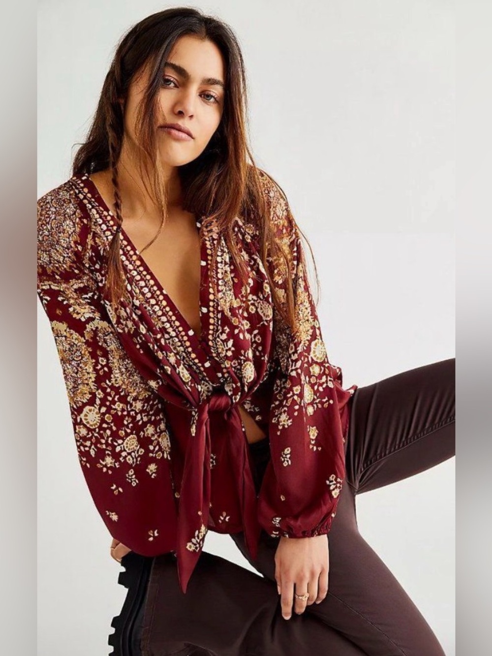 Free People Run Free Tunic Wine Chocolate Combo Floral Tie Blouse Small